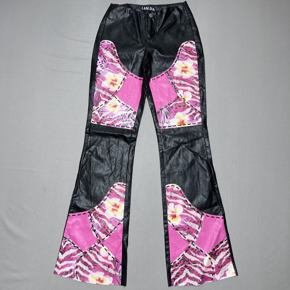 I.AM.GIA Eris Patchwork Floral Animal Pants Womens‎ XS Black Faux Leather Flare